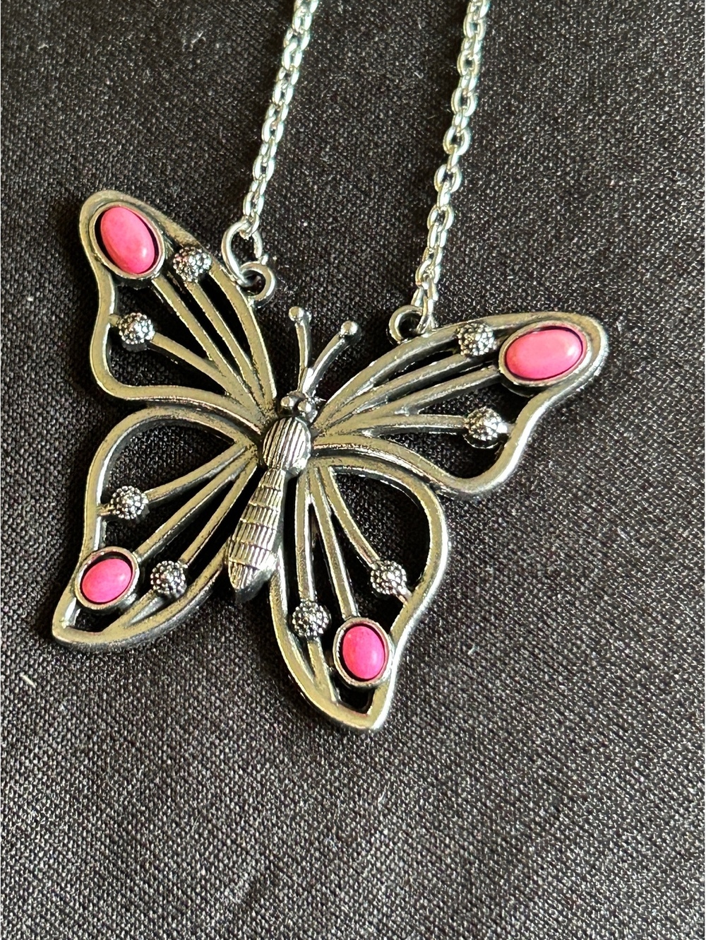 Butterfly Pendant Necklace and Pink Bead Earrings Set